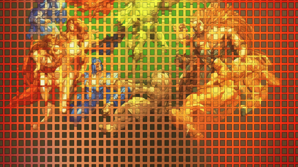 Image of the Frontier Model Forum transformed into a Leonardo da Vinci-style work of art, with superheroes integrated into the image and a color palette inspired by Proportione.