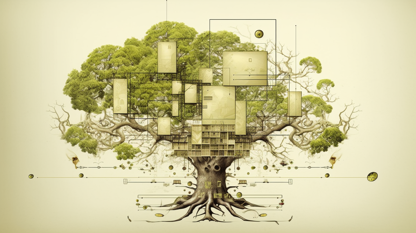 Image symbolizing 'Digital Strategy: The Secret of Organic and Beautiful Growth', inspired by the mathematical proportions and geometric applications of 'De Divina Proportione'. The image features elements such as a growing tree and a digital network, representing organic growth and digital strategy, all in a Proportione color palette.