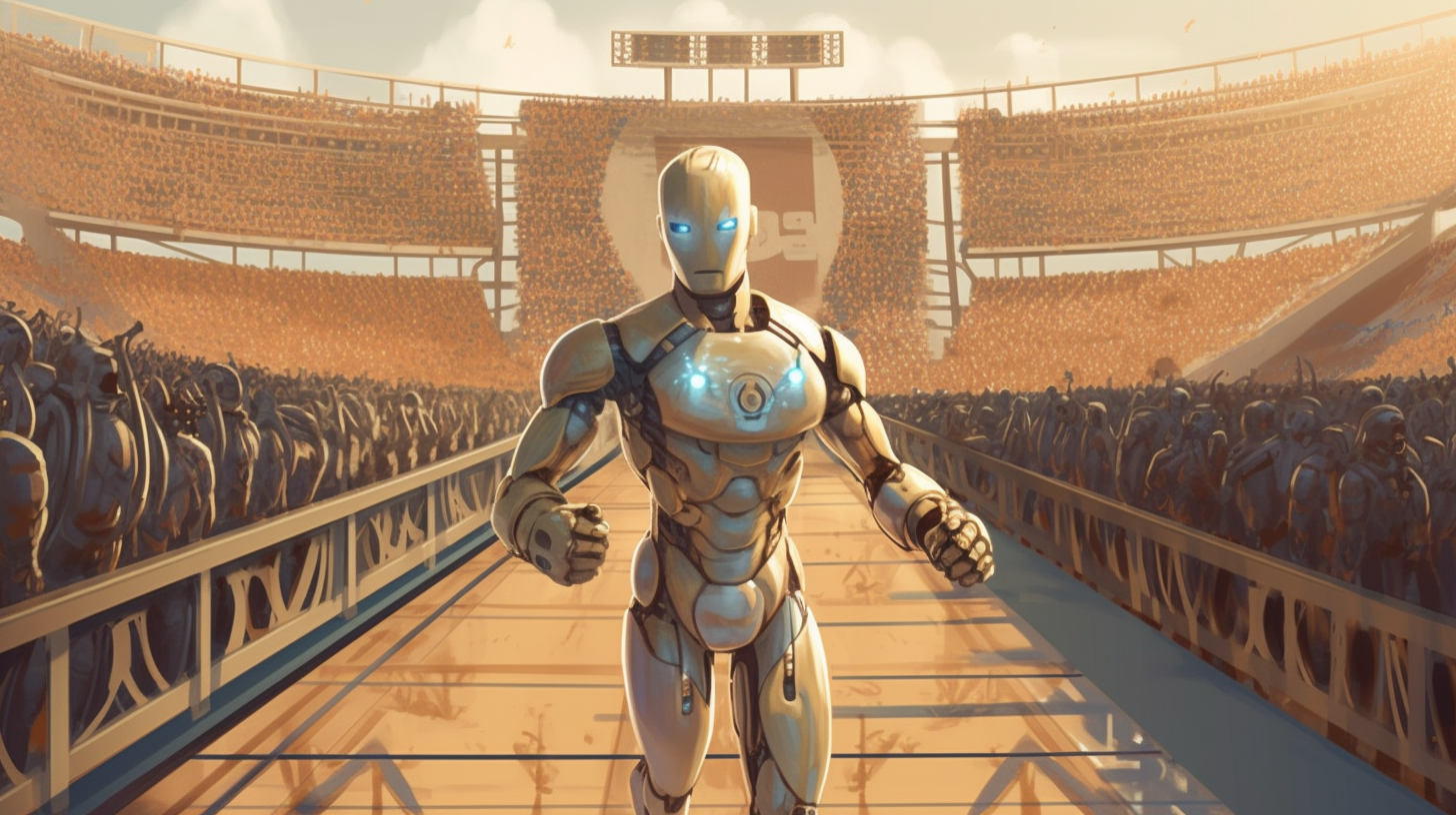 A humanoid robot with glowing blue eyes and lights on its chest, powered by Generative AI in Enterprise, walks down a track in a stadium filled with other robots, as a large crowd watches from the stands in bright daylight.