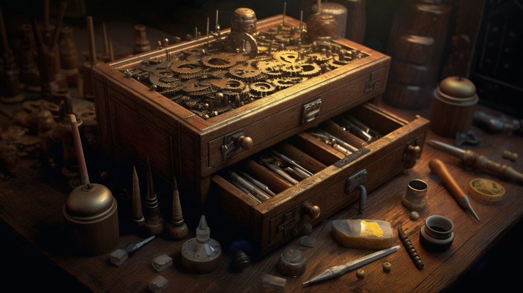 A wooden toolbox with gears on top and open drawers filled with small tools and miscellaneous parts sits atop a cluttered workbench, suggesting the detailed process of an audit of backlinks between bottles, tools, and mechanical components.