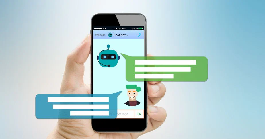 One hand holds a smartphone that shows a chat interface between a chatbot, shown as a robot icon, and a human avatar. Two colorful chat bubbles appear, highlighting generative AI and modern technology strategy.