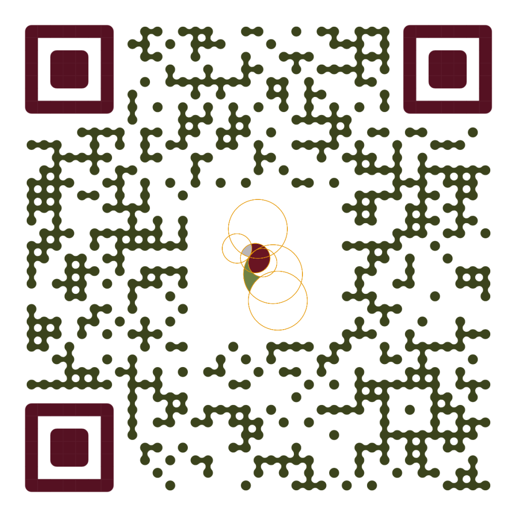A stylized green and maroon QR code with rounded dots, inspired by generative AI. In the center, yellow and orange concentric circles overlap a maroon dot with a smaller green dot underneath. White background.