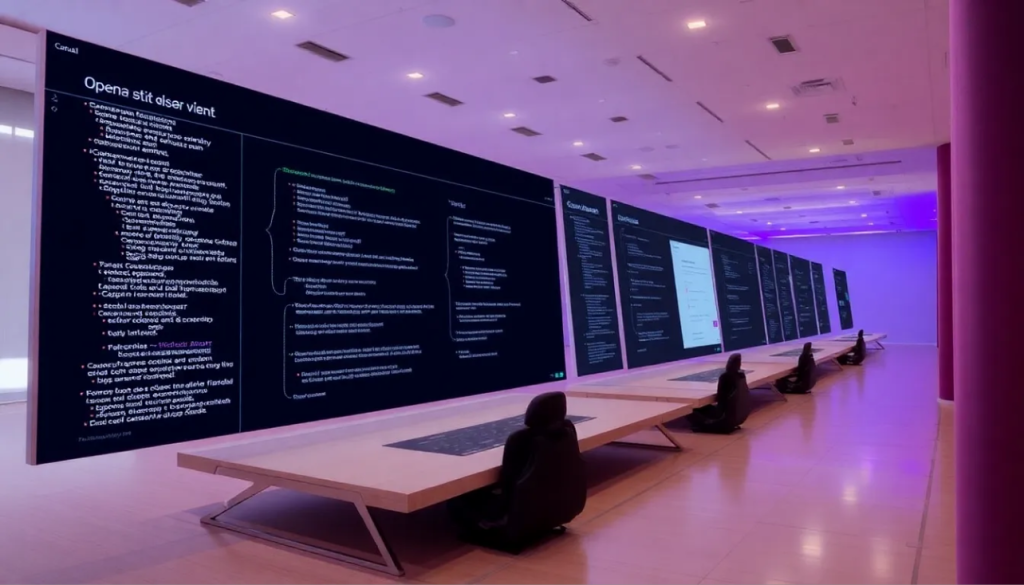A spacious, modern room with several large wall-mounted digital screens displaying text and diagrams, ideal for brainstorming technology strategy or exploring generative AI. Long desks with black chairs line up under the bright overhead lights.