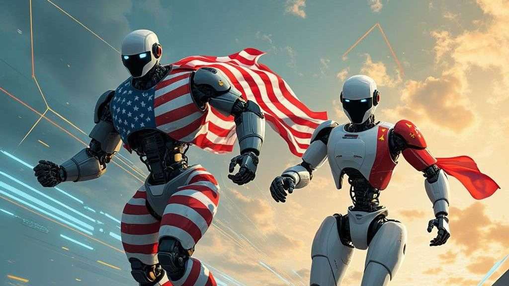 Two humanoid robots run side by side, embodying knowledge transfer. One wears a suit with the American flag and a cape, the other a red and white suit with a red cape, in a bright and partly cloudy sky.