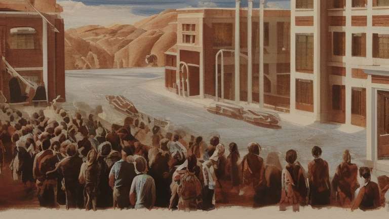 A large group of people stand in front of an industrial building with multiple windows and pipes, highlighting the transfer of knowledge in the middle of mountainous terrain and boats in the background under a partly cloudy sky.