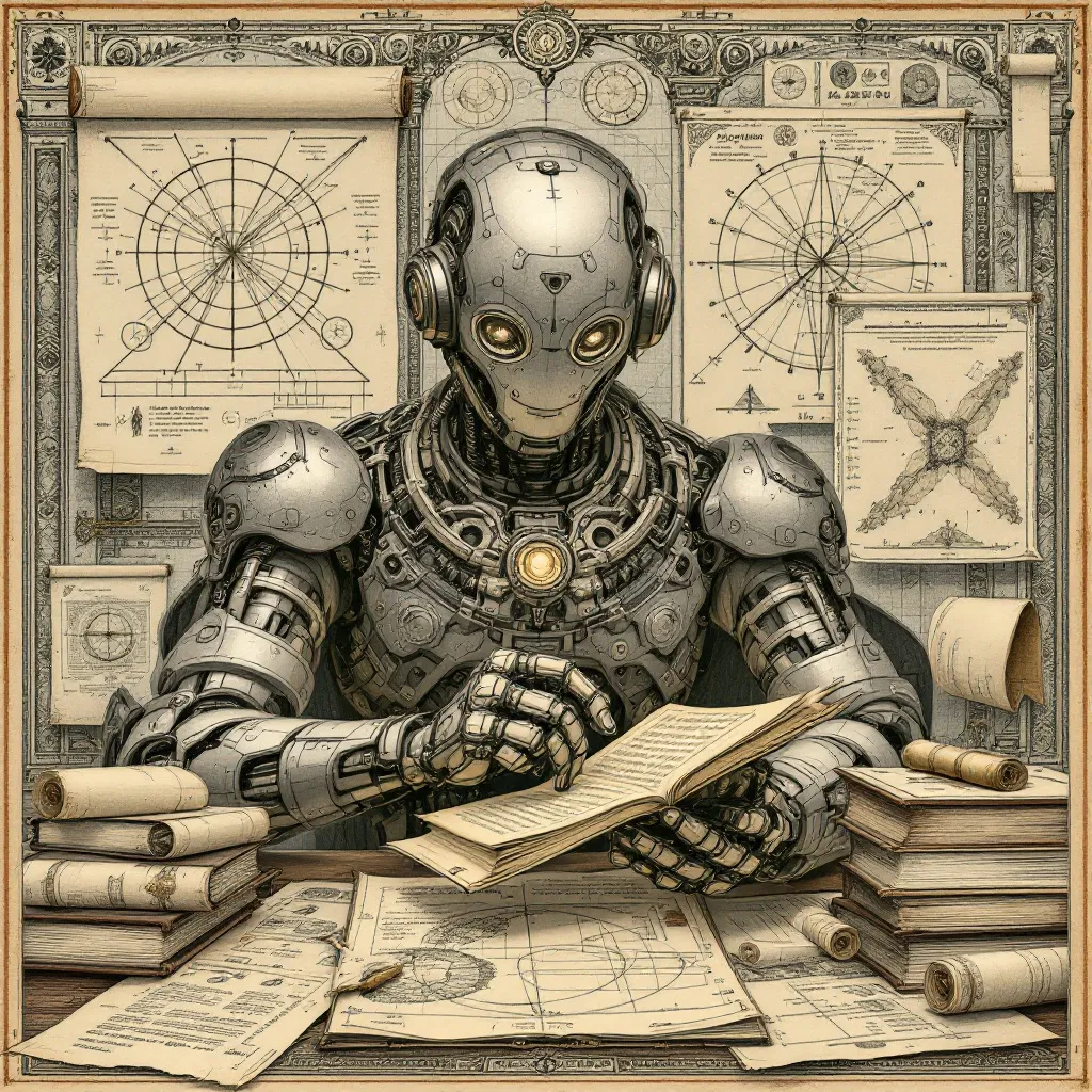 Illustration of a robot analyzing and organizing texts, inspired by Leonardo da Vinci's Renaissance style. Created with artificial intelligence, this image combines mechanical precision and artistic geometry.