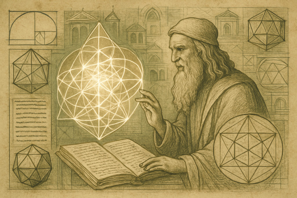 A man with a beard and Renaissance clothing studies a resplendent geometric form on an open book, surrounded by sketches of geometric figures and architectural designs on a sepia-toned background.